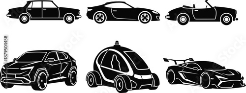 Car silhouettes set featuring classic sedan, coupe, convertible, SUV, autonomous taxi, and modern sports car designs isolated on white background