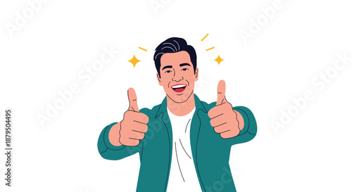 Enthusiastic young man smiling and giving two thumbs-up, showing approval, satisfaction, and positive feedback.