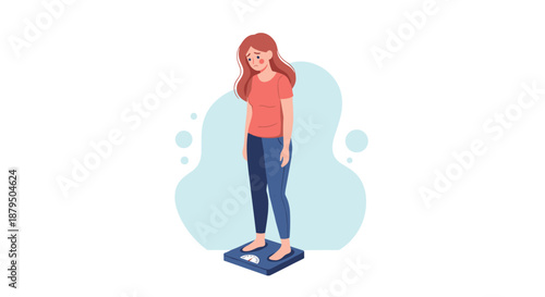 Unhappy young woman standing on a bathroom scale, feeling sad and concerned about her body weight and appearance.