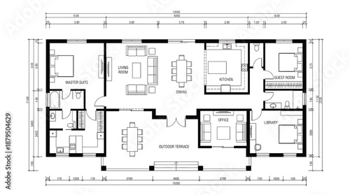 Modern home floor plan with master suite and office space