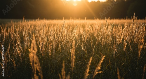 Golden field of wheat at sunset warm sunlight and nature landscape