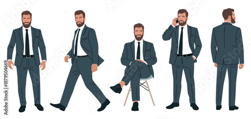 Set of a stylish bearded businessman in a formal suit shown in different poses, standing, walking, sitting, talking on phone, and rear view. Flat vector illustration isolated on transparent background
