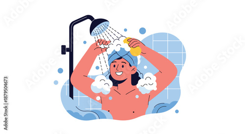 Happy person with a towel on their head taking a shower, washing with soap and a sponge for personal hygiene and relaxation.