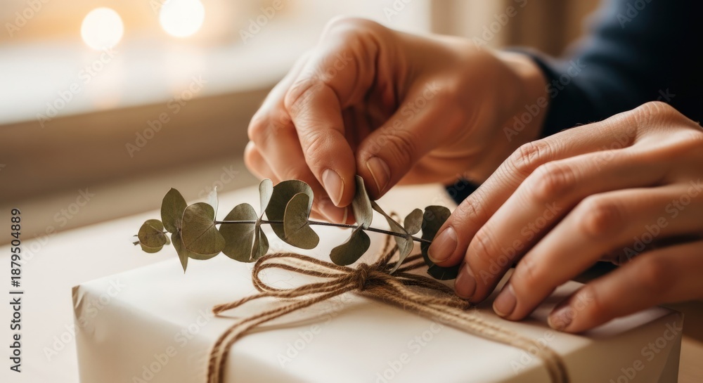 Obraz premium Close-up of hands decorating a gift with eucalyptus on a white background