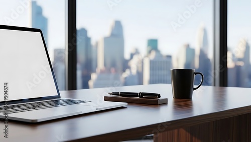 Modern office workspace with city view and laptop on desk