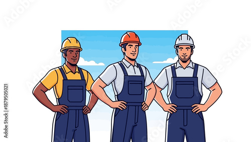 Diverse Construction Workers Team Standing Confidently with Hard Hats and Overalls
