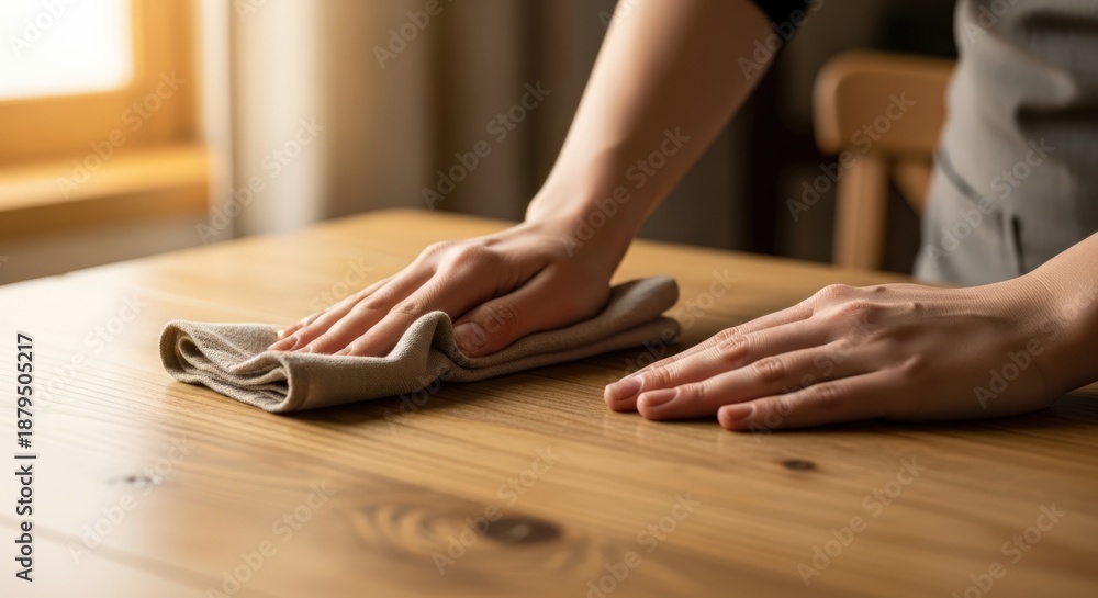 Obraz premium Close-up of a person's hands wiping a wooden table with a cloth in a room with natural light.