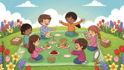 Children Having Picnic in Colorful Flower Field