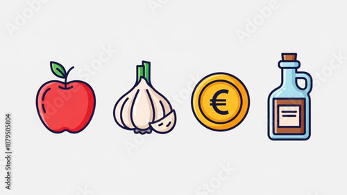 Red Apple, Garlic, Euro Coin and Oil Bottle Icons
