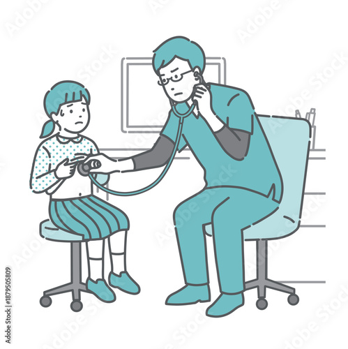 聴診を受ける冷や汗をかいた女の子と深刻な表情の医師のイラスト