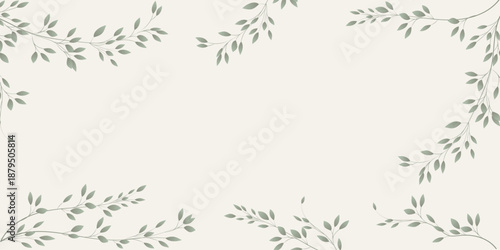 Elegant minimalist botanical background with soft green branches and leaves on a warm light background. Airy natural frame with copy space for text, perfect for branding, invitations and wellness 