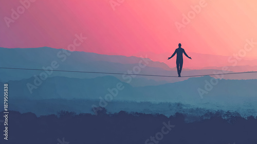 Silhouette of a person balancing on a tightrope against a vibrant sunset sky
