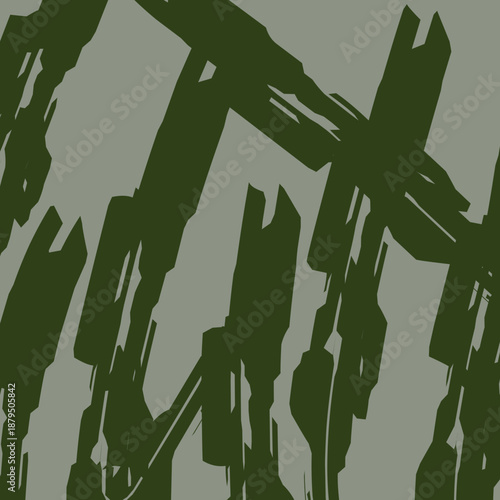 Abstract dark green geometric strokes on a muted olive background.