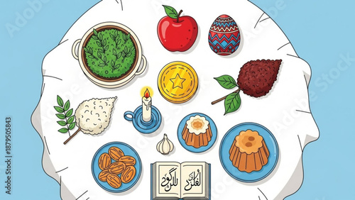 Traditional Ramadan Food and Decor on White Tablecloth