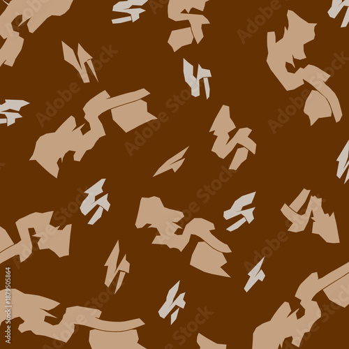 Tan angular geometric fragments scattered on a chocolate brown background