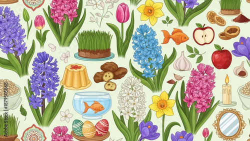 Colorful Easter Pattern with Flowers and Traditional Foods