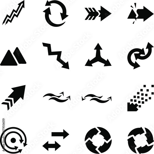 Dynamic collection of black vector arrow icons and conceptual direction symbols, ideal for illustrating movement, progress, and navigation in modern graphic design
