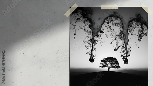A solitary tree stands amidst splashing water, transforming into ink splatters against a monochromatic backdrop in Whisk image