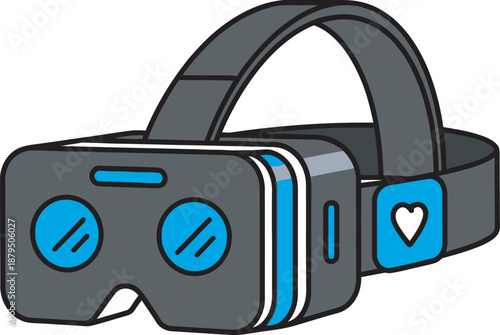 Virtual reality VR headset device with blue accents and heart icon on adjustable head strap for gaming or interactive technology experience
