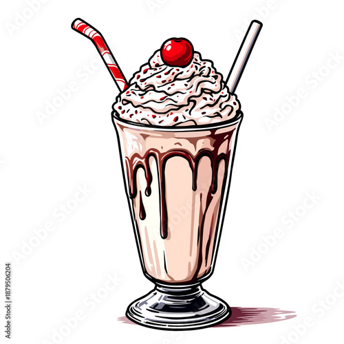 A delicious strawberry milkshake topped with whipped cream, a cherry, and two straws, served in a tall glass with chocolate syrup drizzles.