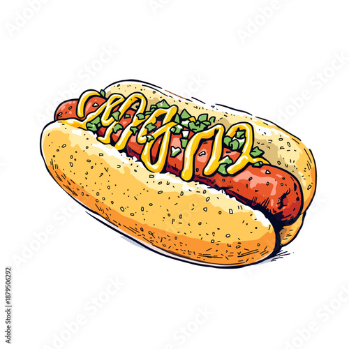 A delicious hot dog with mustard and relish in a bun, presented in a vibrant, illustrative style.