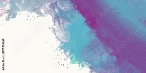 Dynamic abstract artwork with turquoise and purple paint splashes on white background, expressing creativity, motion, and modern artistic energy. vector