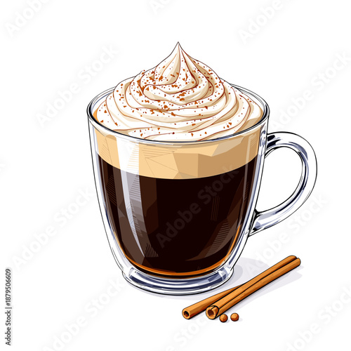 A delicious hot coffee drink topped with whipped cream and cinnamon, served in a clear glass mug with cinnamon sticks on the side.