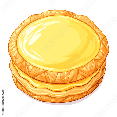 A delicious-looking illustration of a custard tart with a flaky pastry crust and a smooth, creamy yellow filling.