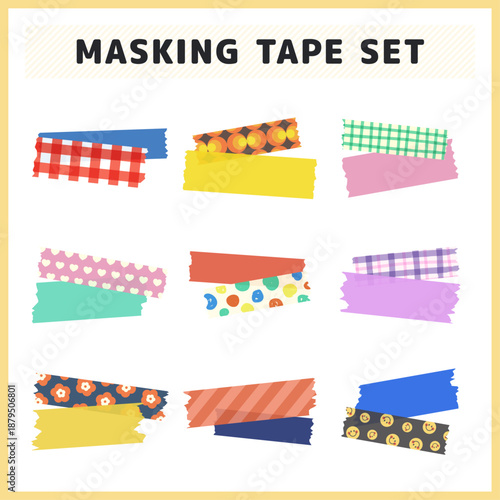 おしゃれな柄のカラフルなマスキングテープの素材セット 手帳デコや写真の装飾に使えるベクターイラスト チェック 水玉 ストライプ 花柄の装飾テープ