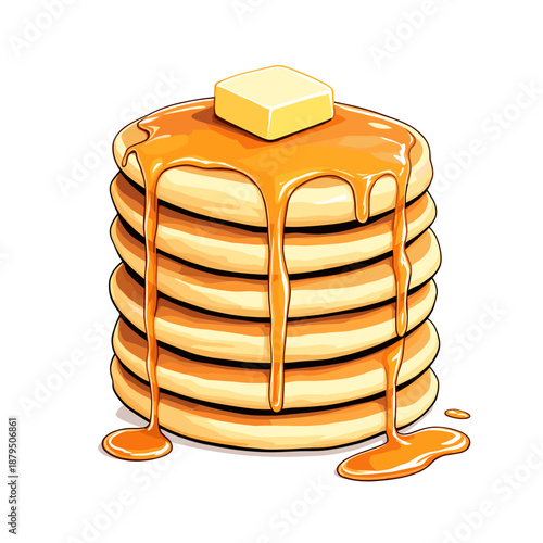 A tall stack of golden-brown pancakes, generously drizzled with syrup and topped with a pat of butter.