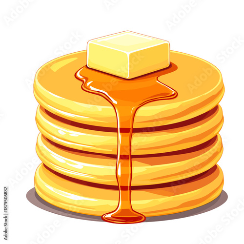 A stack of golden brown pancakes topped with a pat of butter and dripping with syrup.