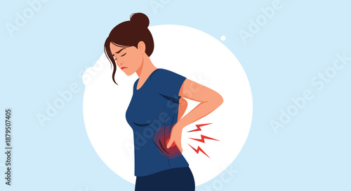 Young woman experiencing severe lower back pain shown with red lightning bolt symbols indicating inflammation or muscle strain.