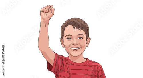 Happy young boy in a red striped t-shirt raising his fist in a gesture of triumph and victory with a joyful smile on his face.