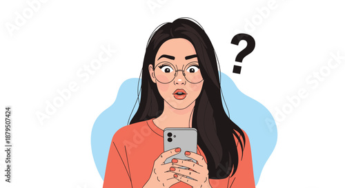 Surprised young woman with glasses holding a smartphone and looking at the screen with a wide-eyed expression of total shock.