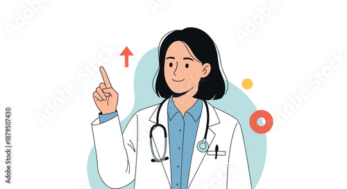 Friendly female doctor wearing a white lab coat and stethoscope smiling while pointing upwards to highlight important health info.