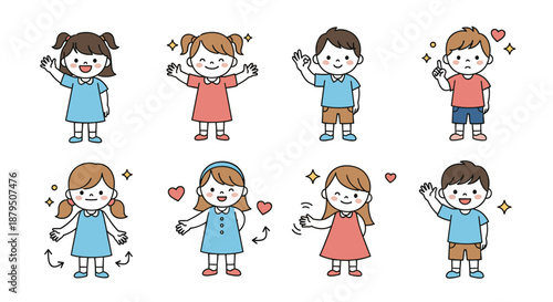 Set of cute little children in various poses expressing different emotions like happiness love and success through hand gestures.
