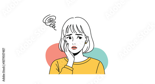 Concerned young woman with blonde hair touching her face with a worried expression and a swirl symbol indicating mental stress.