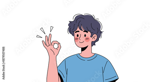 Friendly young man with purple hair giving an okay hand gesture and smiling happily against a simple white background vector.