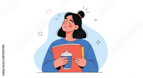 Calm young woman hugging a large book and holding a cup of coffee with a peaceful expression and closed eyes vector character.