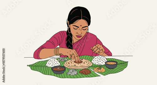 Indian woman in a pink sari eating a traditional meal served on a large green banana leaf with rice and various savory dishes.