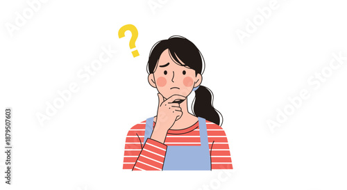 Puzzled young woman wearing an apron and a striped shirt with a question mark over her head as she thinks deeply about a problem.