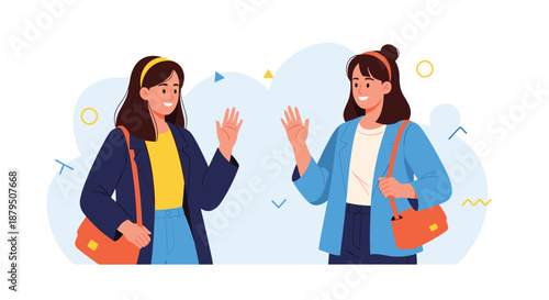Two young women wearing stylish blazers waving hello to each other with friendly smiles in an outdoor setting vector illustration.