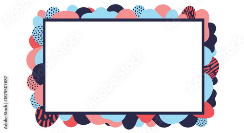 Rectangular frame decorated with colorful abstract shapes and patterns in blue pink and dark navy tones on a white background.