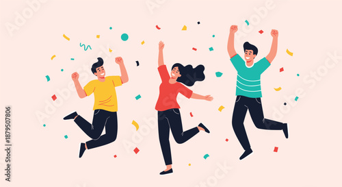 Group of diverse young friends jumping for joy and celebrating a successful achievement with colorful confetti.