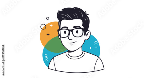 Modern vector portrait of a stylish young man with glasses and black hair against a colorful geometric background.