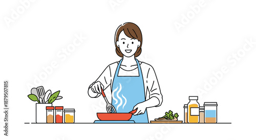 Happy woman wearing a blue apron cooking a delicious meal in a clean kitchen with various ingredients and spices.