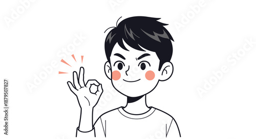Confident young man with black hair smiling and making an okay hand gesture to show approval or agreement.