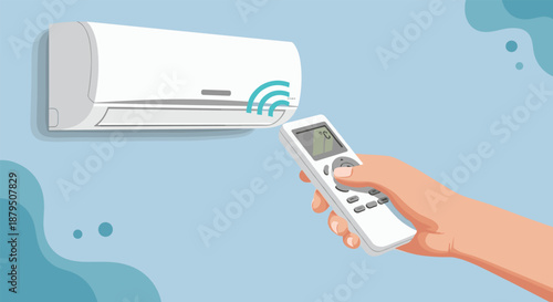 Close up view of a person using a remote control to operate a modern white wall mounted air conditioning unit.