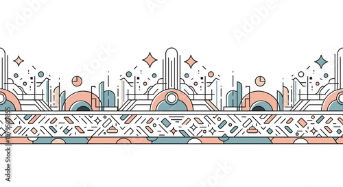 Intricate geometric border design with abstract patterns, lines, and shapes in a sophisticated palette of blue and coral.