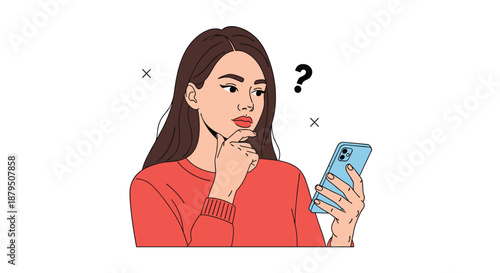 Young woman with long dark hair looking at her smartphone with a confused expression and a question mark icon.